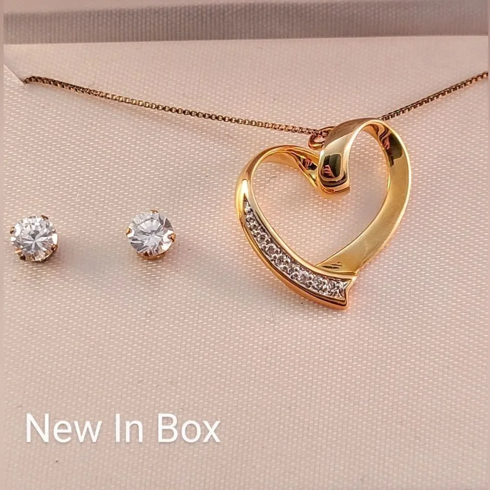 Gold Over Sterling Crystal Open Heart Pendant Necklace Earrings Set - New…